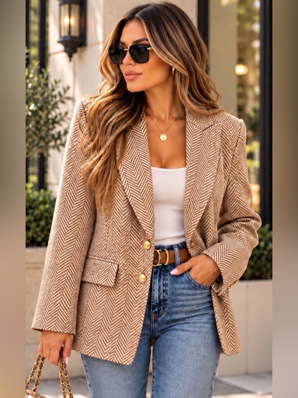 Dennis Basso Tan Herringbone Blazer with Gold Buttons